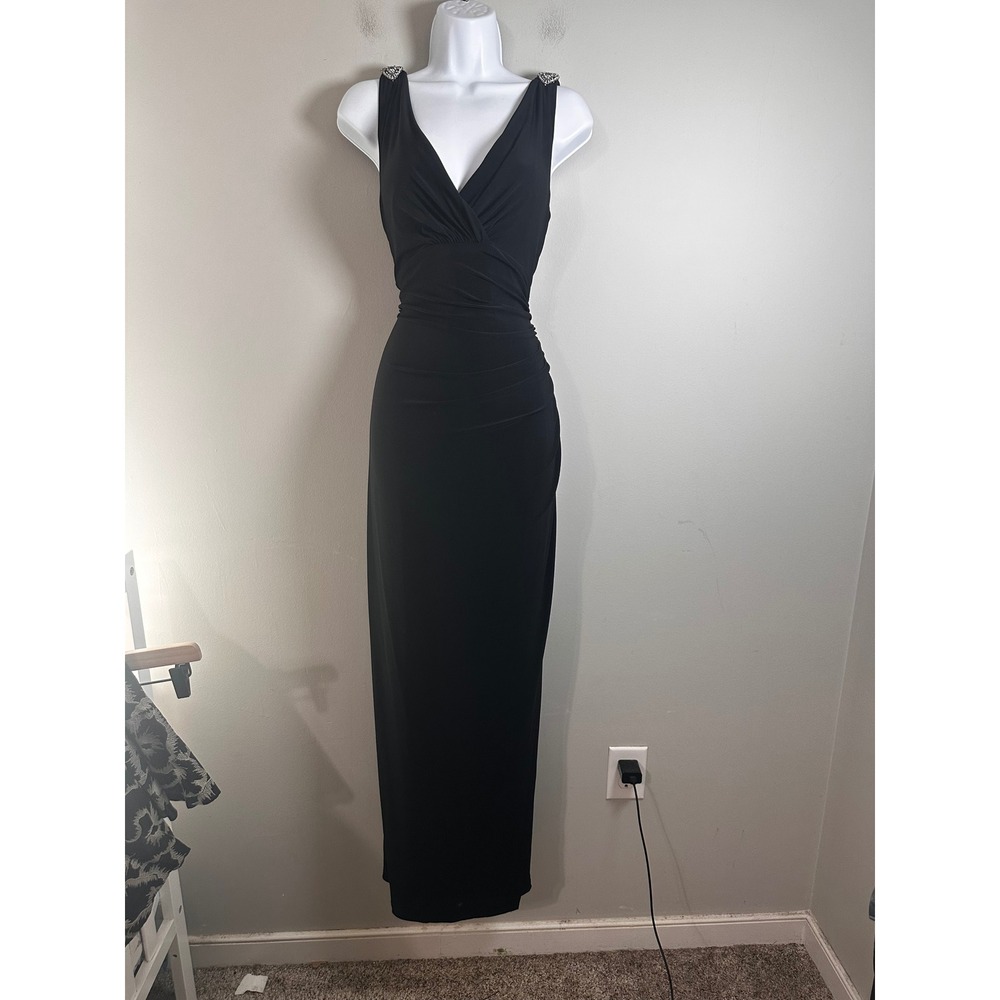 Lauren Ralph Lauren Evening Black Ruched V-Neck Gown Rhinestone Brooch Size 8